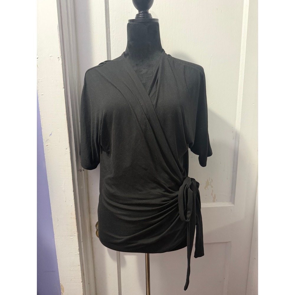 Doublju Womens Black True Wrap Short Sleeve V-Neck Blouse Top Large